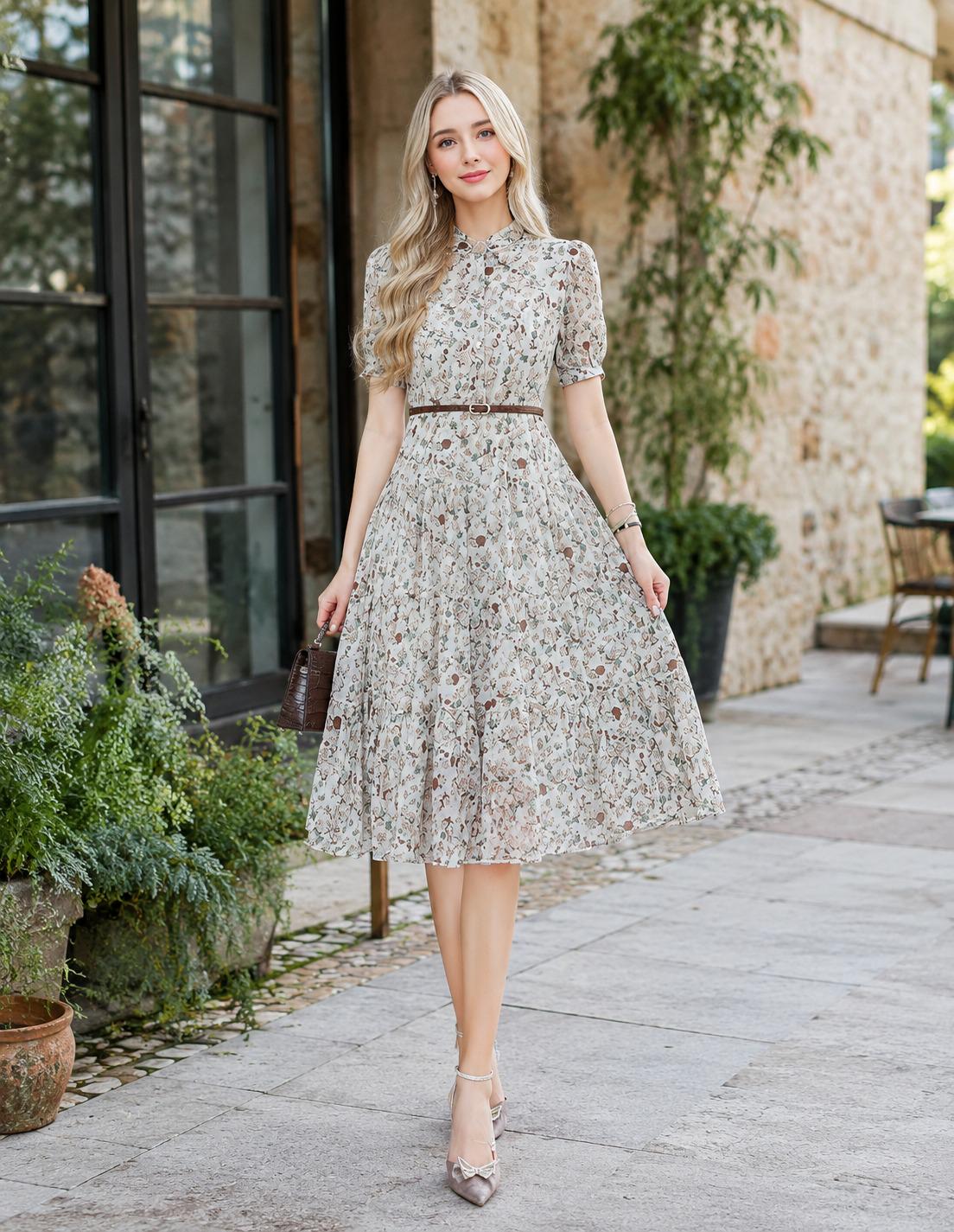 Floral Chiffon Short Sleeve Midi Dress Boho Beach Sundress Elegant Office Lady Party Women