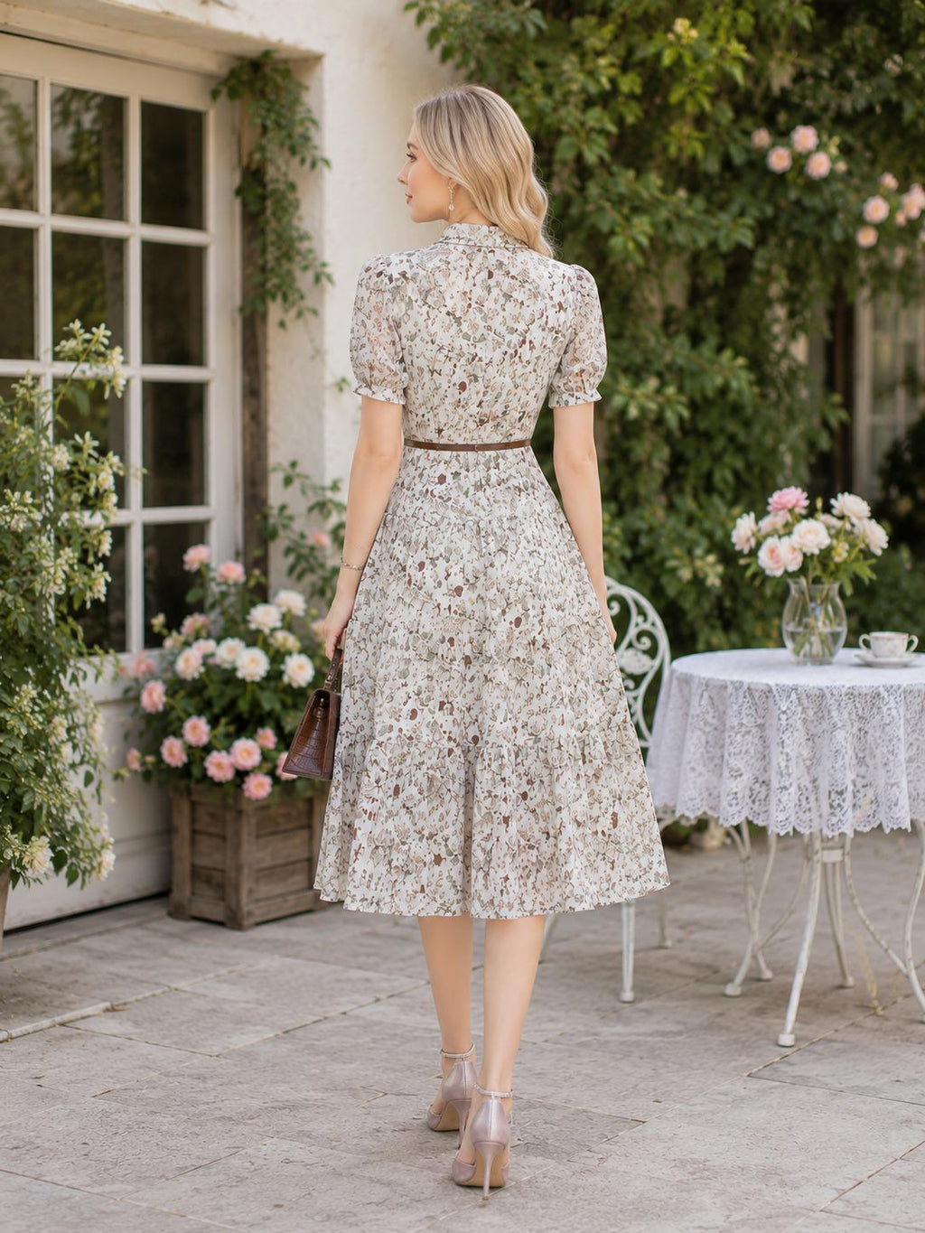 Floral Chiffon Short Sleeve Midi Dress Boho Beach Sundress Elegant Office Lady Party Women
