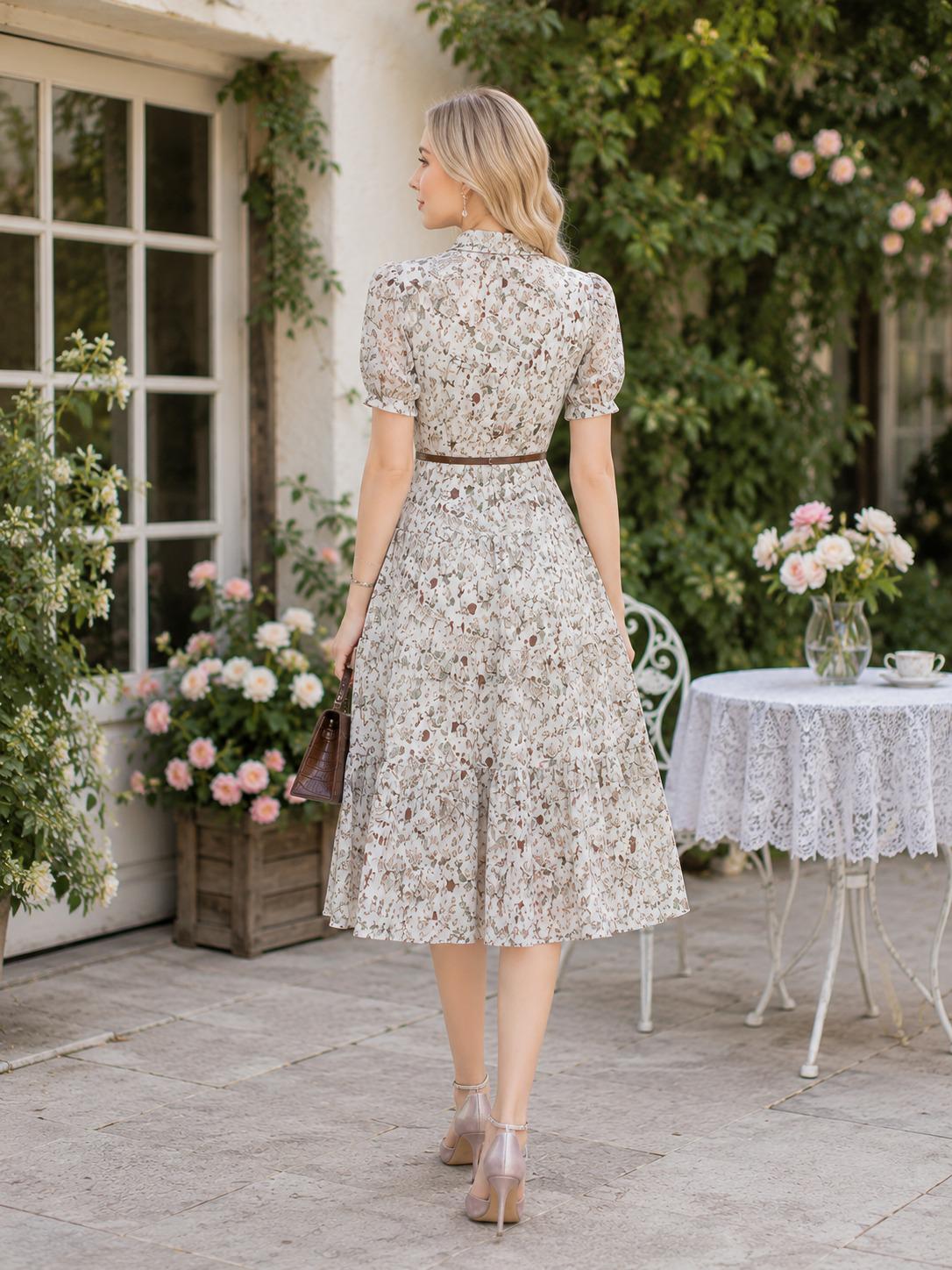 Floral Chiffon Short Sleeve Midi Dress Boho Beach Sundress Elegant Office Lady Party Women