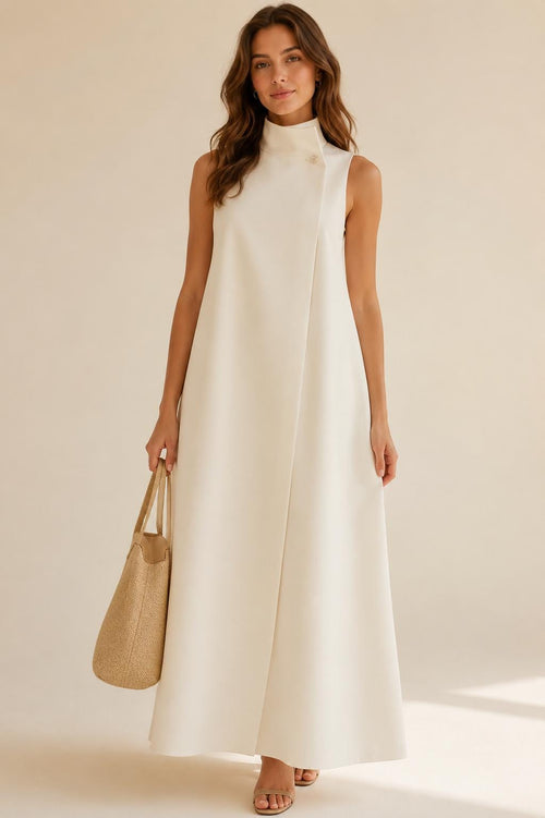 Elegant High Neck Maxi Dress Sleeveless A-Line Bohemian Spring Summer Outfit