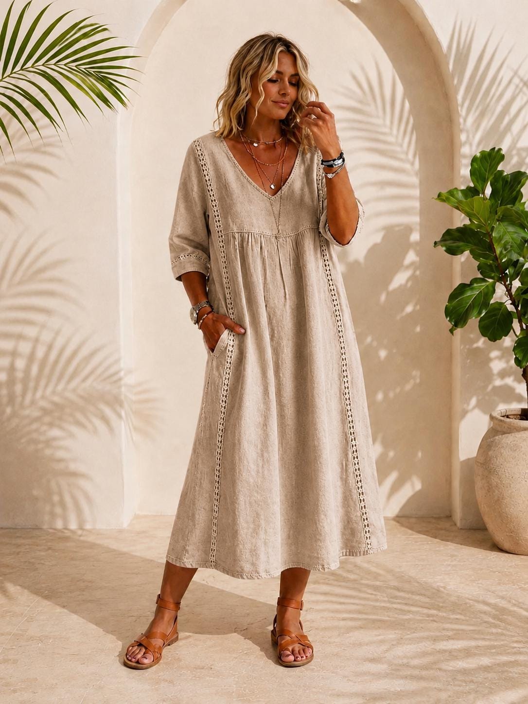 Long Cotton Linen Dress, Bohemian Summer Dress, V-Neck Lace Maxi Dress, Flowy Vacation Dress, Beach Resort Dress, maxi dress midi dress