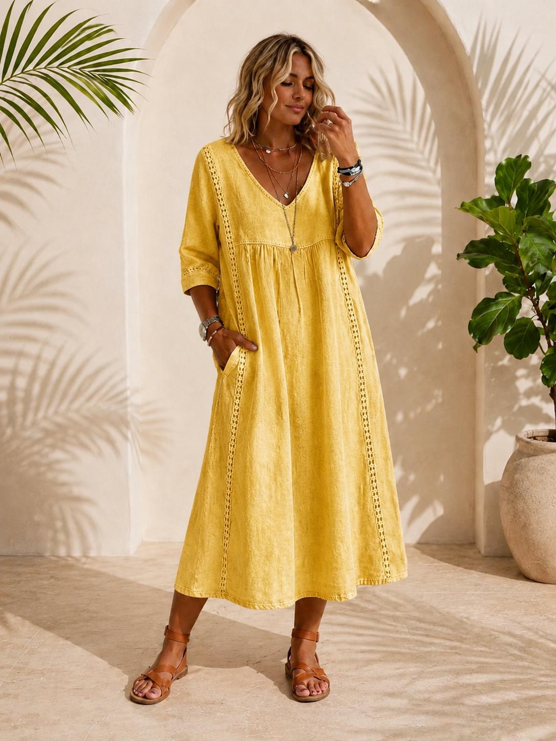 Long Cotton Linen Dress, Bohemian Summer Dress, V-Neck Lace Maxi Dress, Flowy Vacation Dress, Beach Resort Dress, maxi dress midi dress
