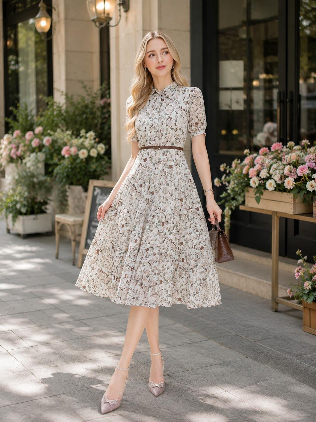 Floral Chiffon Short Sleeve Midi Dress Boho Beach Sundress Elegant Office Lady Party Women