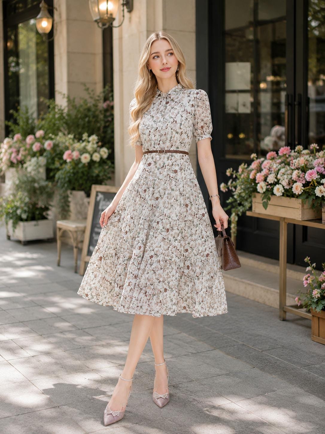 Floral Chiffon Short Sleeve Midi Dress Boho Beach Sundress Elegant Office Lady Party Women