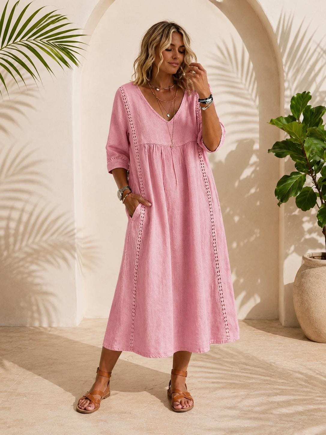 Long Cotton Linen Dress, Bohemian Summer Dress, V-Neck Lace Maxi Dress, Flowy Vacation Dress, Beach Resort Dress, maxi dress midi dress