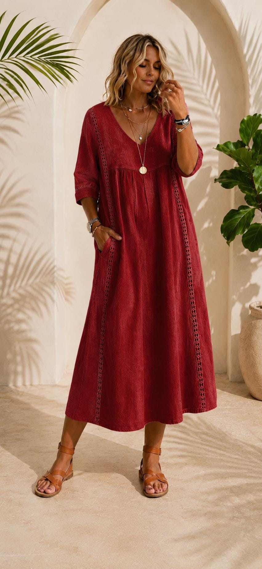 Long Cotton Linen Dress, Bohemian Summer Dress, V-Neck Lace Maxi Dress, Flowy Vacation Dress, Beach Resort Dress, maxi dress midi dress
