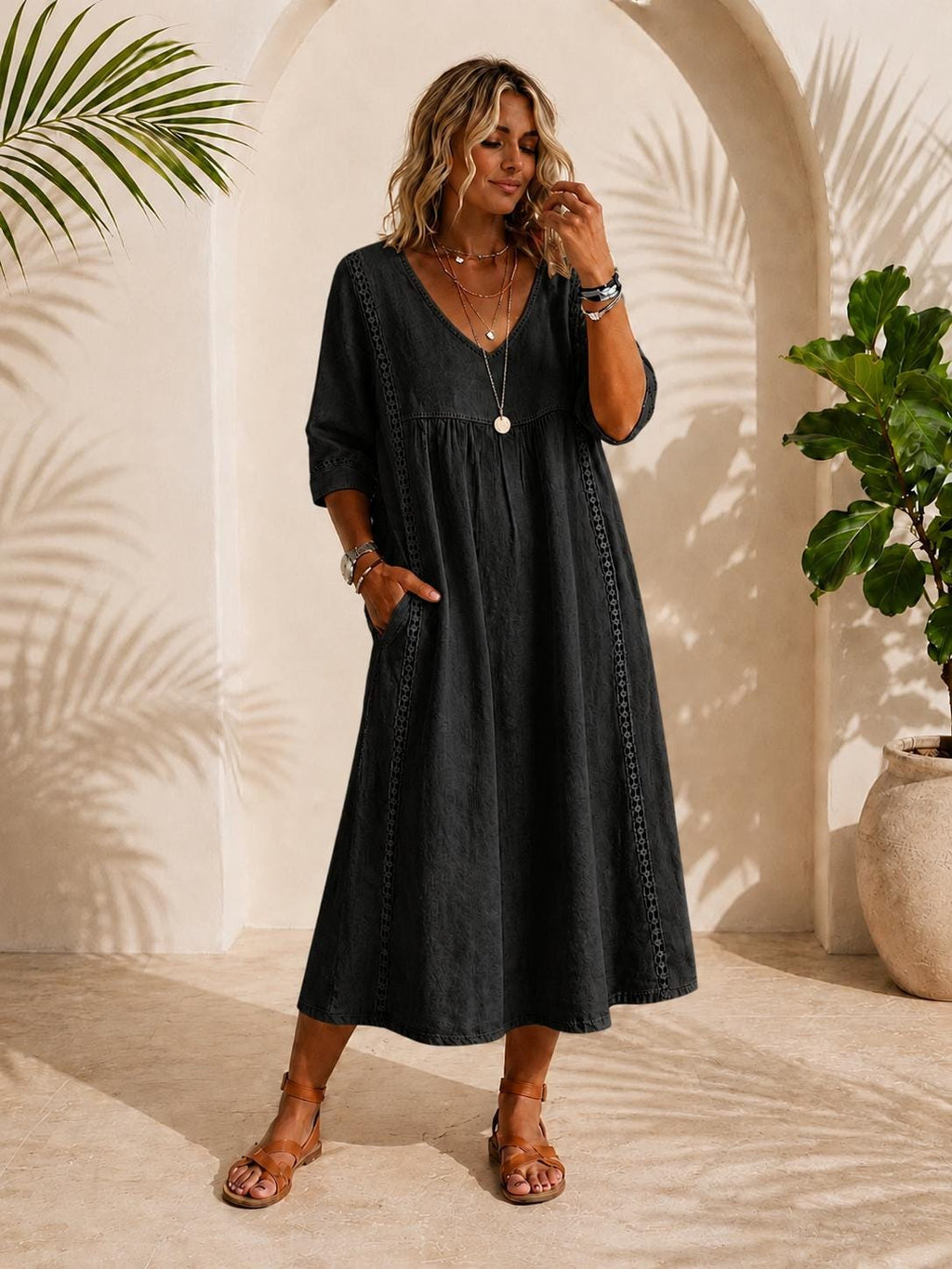 Long Cotton Linen Dress, Bohemian Summer Dress, V-Neck Lace Maxi Dress, Flowy Vacation Dress, Beach Resort Dress, maxi dress midi dress