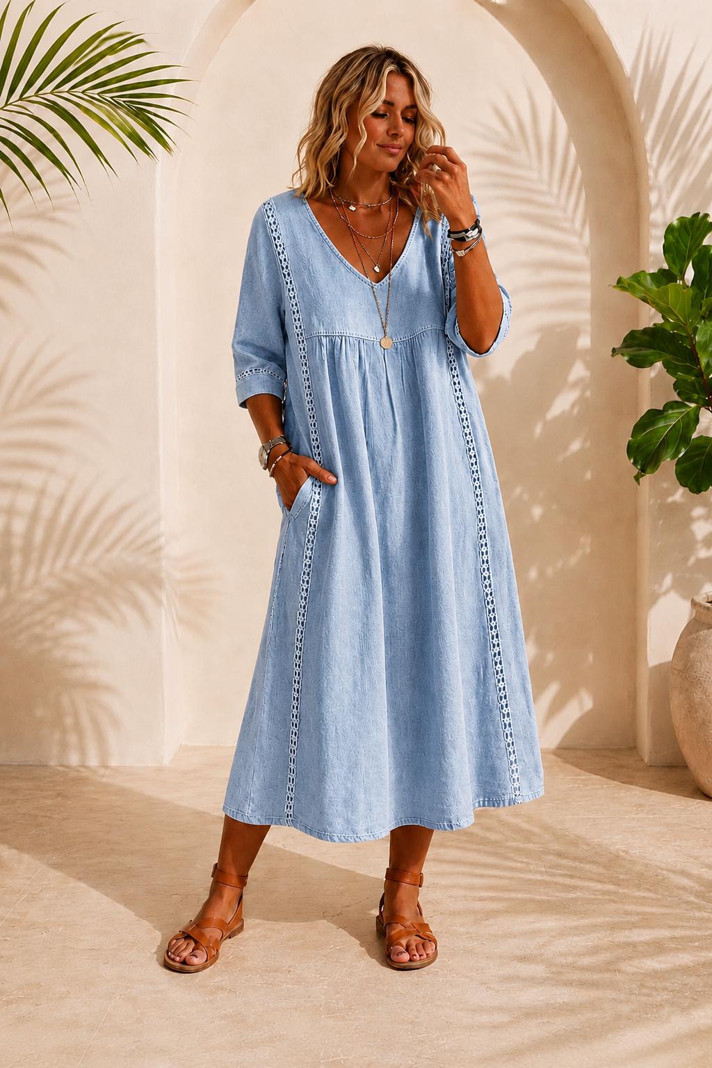 Long Cotton Linen Dress, Bohemian Summer Dress, V-Neck Lace Maxi Dress, Flowy Vacation Dress, Beach Resort Dress, maxi dress midi dress